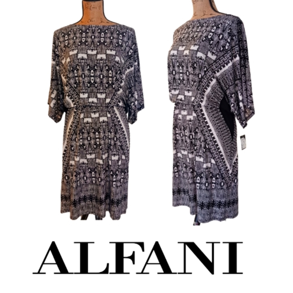 Alfani Bohemian Pattern Black White Short Sleeve Dress Size 12
